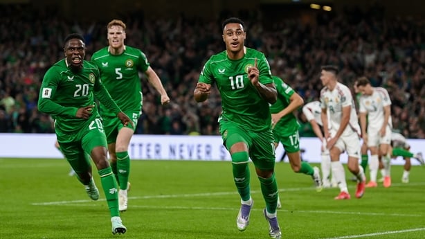 6 September 2025; Adam Idah of Republic of Ireland celebrates after scoring his side's second goal during the FIFA World Cup 2026 Group F qualifying match between Republic of Ireland and Hungary at the Aviva Stadium in Dublin. Photo by Stephen McCarthy/Sportsfile