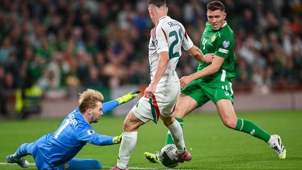6 September 2025; Republic of Ireland goalkeeper Caoimhin Kelleher makes a save from Roland Sallai of Hungary during the FIFA World Cup 2026 Group F qualifying match between Republic of Ireland and Hungary at the Aviva Stadium in Dublin. Photo by David Fi