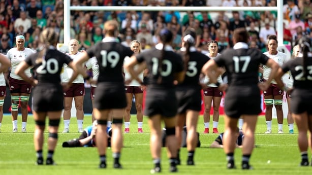 7 September 2025; The Ireland team face the New Zealand team performing the haka before the Women's Rugby World Cup 2025 Pool C match between New Zealand and Ireland at Brighton and Hove Community Stadium in Falmer, England. Photo by Harry Murphy/Sportsfile