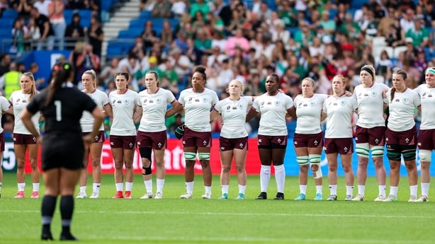 7 September 2025; The Ireland team face the New Zealand team performing the haka before the Women's Rugby World Cup 2025 Pool C match between New Zealand and Ireland at Brighton and Hove Community Stadium in Falmer, England. Photo by Harry Murphy/Sportsfile