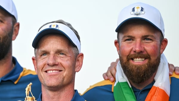 1 October 2023; Europe captain Luke Donald, Jon Rahm, left, and Shane Lowry with the Ryder Cup after the final day of the 2023 Ryder Cup at Marco Simone Golf and Country Club in Rome, Italy. Photo by Brendan Moran/Sportsfile