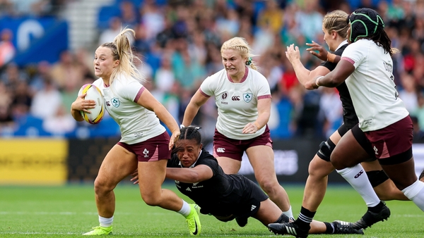 7 September 2025; Aoife Dalton of Ireland is tackled by Liana Mikaele-Tu'u of New Zealand during the Women's Rugby World Cup 2025 Pool C match between New Zealand and Ireland at Brighton and Hove Community Stadium in Falmer, England. Photo by Harry Murphy