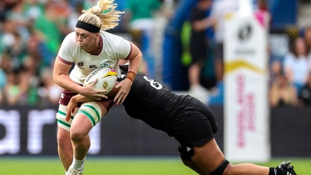 7 September 2025; Sam Monaghan of Ireland is tackled by Liana Mikaele-Tu'u of New Zealand during the Women's Rugby World Cup 2025 Pool C match between New Zealand and Ireland at Brighton and Hove Community Stadium in Falmer, England. Photo by Harry Murphy/Sportsfile