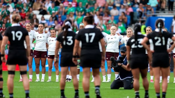 7 September 2025; The Ireland team face the New Zealand team performing the haka before the Women's Rugby World Cup 2025 Pool C match between New Zealand and Ireland at Brighton and Hove Community Stadium in Falmer, England. Photo by Harry Murphy/Sportsfile