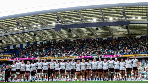 7 September 2025; The Ireland team stand for the national anthems before the Women's Rugby World Cup 2025 Pool C match between New Zealand and Ireland at Brighton and Hove Community Stadium in Falmer, England. Photo by Harry Murphy/Sportsfile