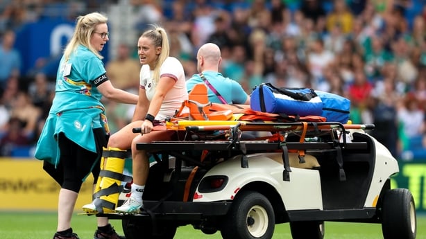 7 September 2025; Stacey Flood of Ireland leaves the pitch with an injury during the Women's Rugby World Cup 2025 Pool C match between New Zealand and Ireland at Brighton and Hove Community Stadium in Falmer, England. Photo by Harry Murphy/Sportsfile