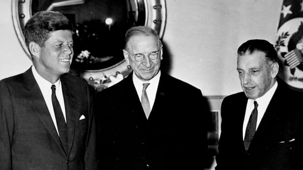 US President John F Kennedy with Irish President Eamon de Valera and Taoiseach Sean Lemass ,TD at Áras Uachtaráin, circa June 1963