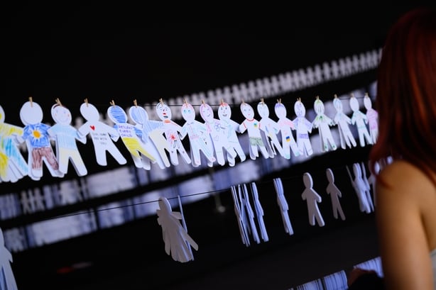LONDON, ENGLAND - SEPTEMBER 07: The launch of the War Child's installation entitled "Return Every Child" at Outernet London on September 07, 2025 in London, England. The installation features 19,546 paper dolls, each representing a missing Ukrainian child who have been taken from their homes in Ukra