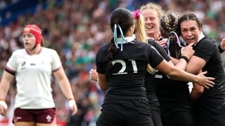 7 September 2025; New Zealand players celebrate winning a penalty on their own try line during the Women's Rugby World Cup 2025 Pool C match between New Zealand and Ireland at Brighton and Hove Community Stadium in Falmer, England. Photo by Harry Murphy/S