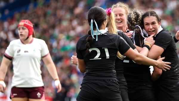 7 September 2025; New Zealand players celebrate winning a penalty on their own try line during the Women's Rugby World Cup 2025 Pool C match between New Zealand and Ireland at Brighton and Hove Community Stadium in Falmer, England. Photo by Harry Murphy/S