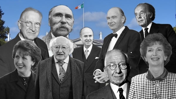 A collage of all nine Irish presidents showing Mary McAleese, Eamon De Valera, Douglas Hyde, Michael D Higgins, Cearbhall Ó Dalaigh, Patrick Hillery, Sean T O Kelly, Erskine Childers, Mary Robinson
