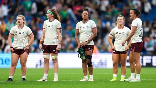 7 September 2025; Ireland players, from left, Sadhbh McGrath, Ruth Campbell, Grace Moore, Aoife Dalton and Anna McGann after the Women's Rugby World Cup 2025 Pool C match between New Zealand and Ireland at Brighton and Hove Community Stadium in Falmer, En