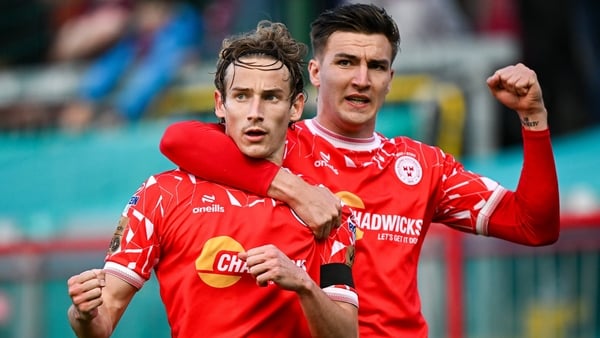 Harry Wood of Shelbourne, left, celebrates with teammate Sean Boyd after scoring their side's first goal, from a penalty, during the SSE Airtricity Men's Premier Division match between Shelbourne and Galway United at Tolka Park in Dublin