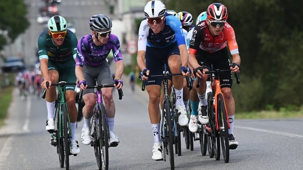 MONFORTE DE LEMOS, SPAIN - SEPTEMBER 07: A general view of Marco Frigo of Italy and Team Israel - Premier Tech, Eddie Dunbar of Ireland and Team Jayco AlUla, Mads Pedersen of Denmark and Team Lidl - Trek - Green Points Jersey, Magnus Sheffield of The Unit