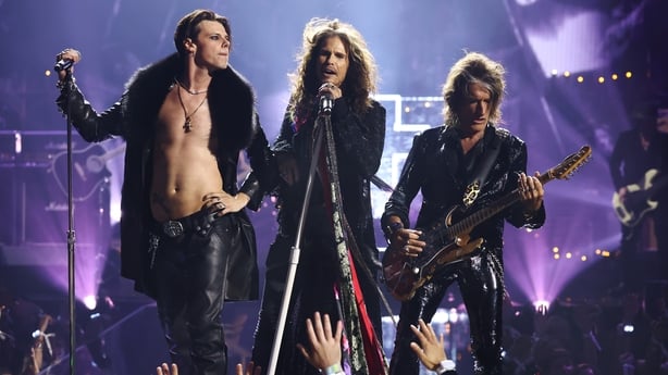 Yungblud, Steven Tyler, and Joe Perry perform during a tribute to Ozzy Osbourne at the 2025 MTV Video Music Awards