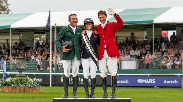 tin O'Connor (IRL), Ros Canter (GBR) and Harry Meade (GBR) share the podium at the 2025 Defender Burghley Horse Trials (Photo: Irish Eventing Times)