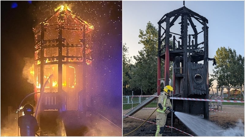 A slide structure in the Sean Moore Park playground in Sandymount went on fire at around 9.40pm on Sunday night (Photo: Dublin Fire Brigade)