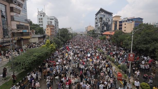 An aerial view of thousands of protesters in Kathmandu