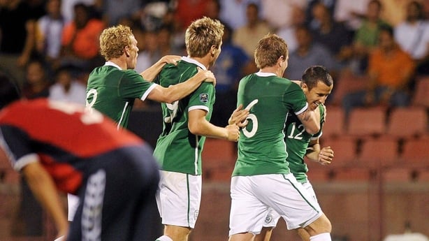 Keith Fahey, right, Republic of Ireland, celebrates after scoring his side's first goal with team-mate's Paul Green, Kevin Doyle and Glenn Whelan. EURO 2012 Championship Qualifier - Group B, Armenia v Republic of Ireland, Yerevan Republican Stadium, Yerevan, Armenia. Picture credit: David Maher / S