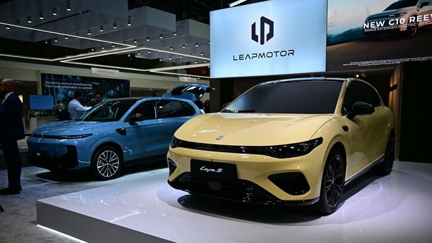 One yellow and one blue Leap Motor car on show at the Munich car show