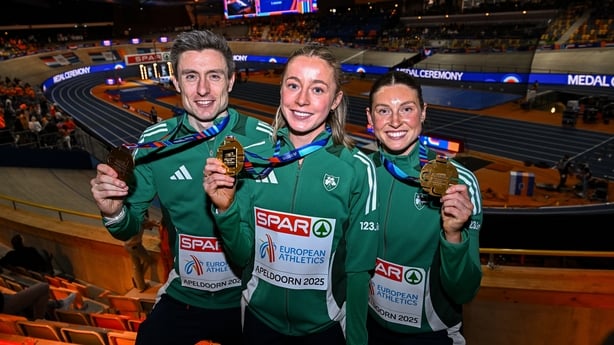 9 March 2025; Team Ireland athletes, from left, Mark English with his bronze medal from the men's 800m, Sarah Healy with her gold medal from the women's 3000m and Kate O'Connor with her bronze medal from the women's pentathlon on day four of the European Athletics Indoor Championships 2025 at the Om