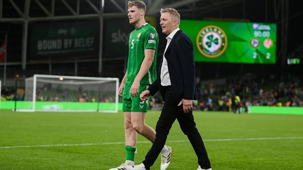 Republic of Ireland head coach Heimir Hallgrimsson and Jake O'Brien, left, after the FIFA World Cup 2026 Group F qualifying match between Republic of Ireland and Hungary at the Aviva Stadium in Dublin.