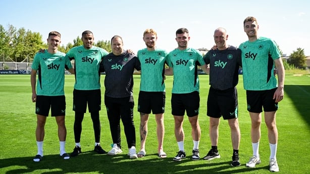 8 September 2025; Current and fomer Shamrock Rovers players and staff, from left, Johnny Kenny, goalkeeper Gavin Bazunu, kit and equipment manager Malcolm Slattery, Liam Scales, Josh Honohan, osteopath Tony McCarthy and goalkeeper Mark Travers during a Republic of Ireland training session at the AFF