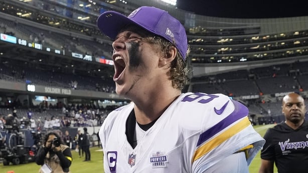 CHICAGO, ILLINOIS - SEPTEMBER 08: J.J. McCarthy #9 of the Minnesota Vikings celebrates after defeating the Chicago Bears 27-24 at Soldier Field on September 08, 2025 in Chicago, Illinois. (Photo by Patrick McDermott/Getty Images)