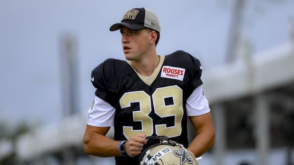 METAIRIE, LOUISIANA - AUGUST 3: Charlie Smyth #39 of the New Orleans Saints looks on during a training camp scrimmage at the Ochsner Sports Performance Center on August 3, 2025 in Metairie, Louisiana. (Photo by Derick E. Hingle/Getty Images) *** Local Cap