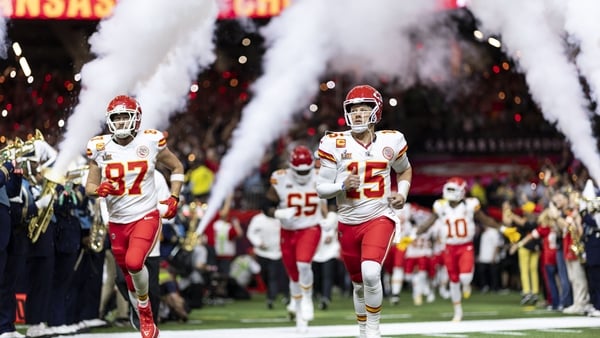 NEW ORLEANS, LOUISIANA - FEBRUARY 9: Patrick Mahomes #15 of the Kansas City Chiefs and Kansas City Chiefs tight end Travis Kelce (87) take the field prior to Super Bowl LIX against the Philadelphia Eagles at Caesars Superdome on February 09, 2025 in New O
