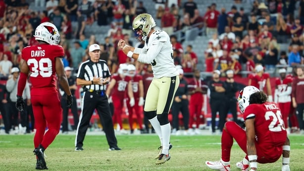 GLENDALE, ARIZONA - AUGUST 10: Charlie Smyth #39 of the New Orleans Saints celebrates his go-ahead field goal with five seconds remaining during the fourth quarter of a preseason football game against the Arizona Cardinals at State Farm Stadium on August 10, 2024 in Glendale, Arizona. (Photo by Mike