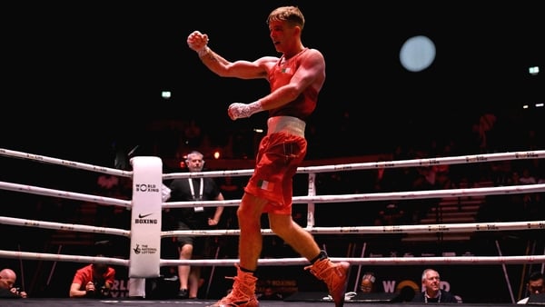 9 September 2025; Patsy Joyce of Ireland celebrates being declared victorious, by split-decision, over Javier Ibanez Diaz of Bulgaria in their Men's 55kg Round of 16 bout during the World Boxing Championships 2025 at M&S Bank Arena in Liverpool, England.