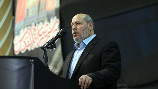Khalil al-Hayya gives a speech during funeral ceremony
