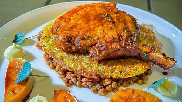 Grilled Glazed Pork Chops with Rosti Caramelised Apples Balsamic Lentils