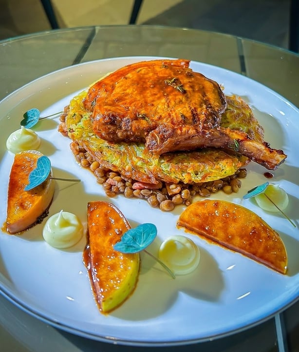  Grilled Glazed Pork Chops with Rosti Caramelised Apples Balsamic Lentils 