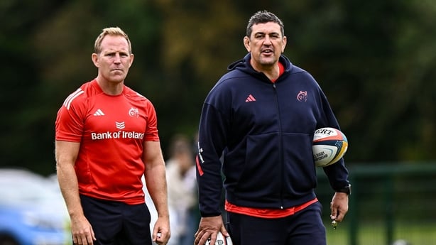 20 August 2025; Head coach Clayton McMillan, right, and attack coach Mike Prendergast during a Munster Rugby open training session at Rockwell College in Rockwell, Tipperary. Photo by Piaras Ó Mídheach/Sportsfile