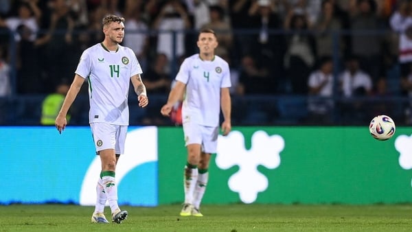 Jack Taylor, left, and Dara O'Shea of Republic of Ireland reacts after conceding a goal during the FIFA World Cup 2026 Group F qualifying match between Armenia and Republic of Ireland at Vazgen Sargsyan Republican Stadium in Yerevan, Armenia.