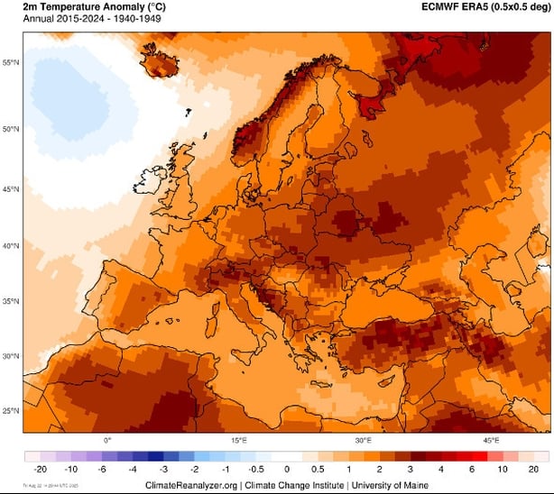 Figure 1: A cooling is seen west of Ireland and south of Iceland. Surface temperature anomalies in the European region are from the ECMWF ERA5 dataset. The time difference in temperatures between the 1940s and the most recent decade is shown. Image generated on ClimateReanalyzer.org.