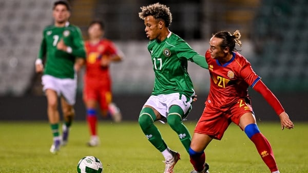 Trent Kone-Doherty of Republic of Ireland in action against Marc Rodriguez of Andorra during the UEFA European U21 Championship qualifying match between Republic of Ireland and Andorra at Tallaght Stadium in Dublin.