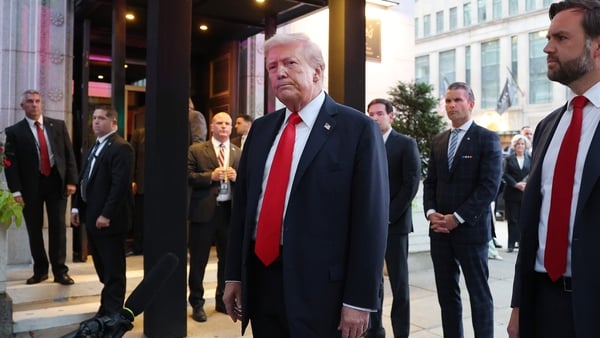 US President Donald Trump and members of his cabinet and administration, including Secretary of State Marco Rubio, Defense Secretary Pete Hegseth and Vice President JD Vance, arrive for dinner at Joe's Seafood, Prime Steak & Stone Crab in Washington, DC