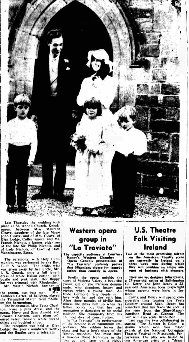 Maureen Cleave outside the church in Sligo on the day of her wedding in 1966, featured in an article in The Sligo Champion.