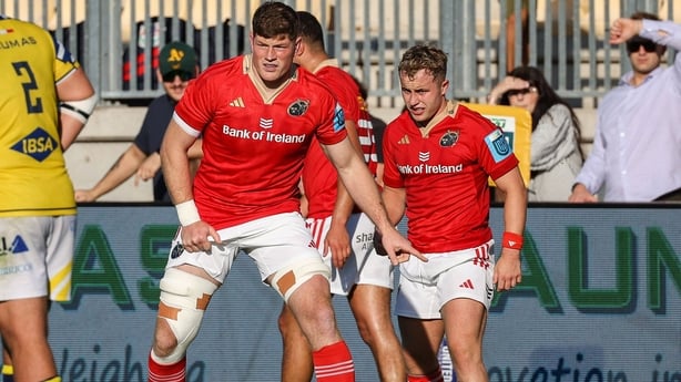 28 September 2024; Jack O'Donoghue of Munster, left, and Craig Casey of Munster during the United Rugby Championship match between Zebre Parma and Munster at Stadio Sergio Lanfranchi in Parma, Italy. Photo by Roberto Bregani/Sportsfile