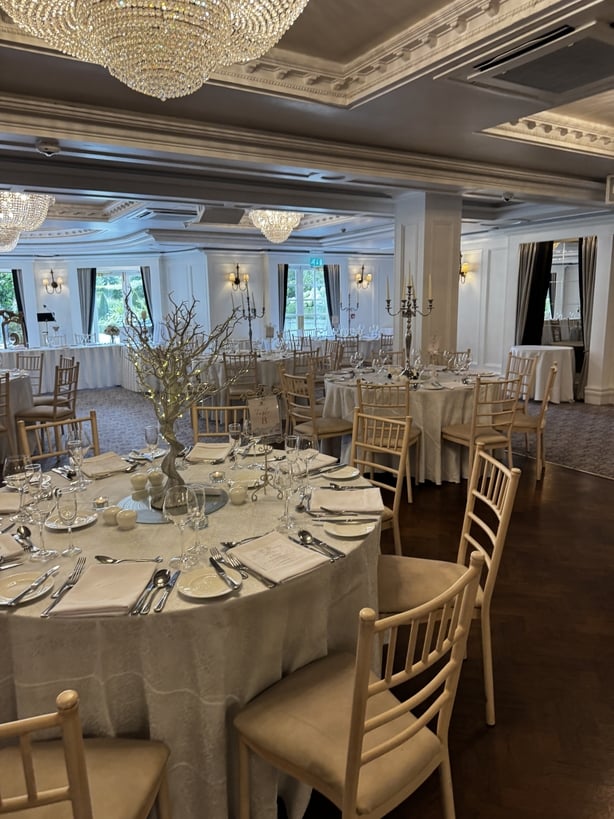 A large reception room filled with tables
