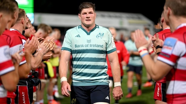 5 September 2025; Jack O'Donoghue of Munster and his teammates are applauded off the pitch by the Gloucester team after the pre-season friendly match between Gloucester and Munster at Kingsholm Stadium in Gloucester, England. Photo by Patrick Khachfe/Sportsfile