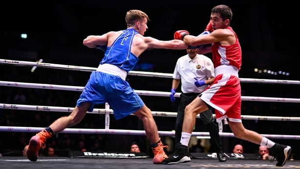 10 September 2025; Mirazizbek Mirzakhalilov of Uzbekistan, right, in action against Patsy Joyce of Ireland during their Men's 55kg quarter final bout during the World Boxing Championships 2025 at M&S Bank Arena in Liverpool, England. Photo by Ben McShane/Sportsfile