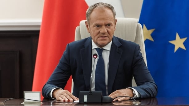Polish Prime Minister Donald Tusk delivers a speech as he confirms that Polish forces shot down Russian drones