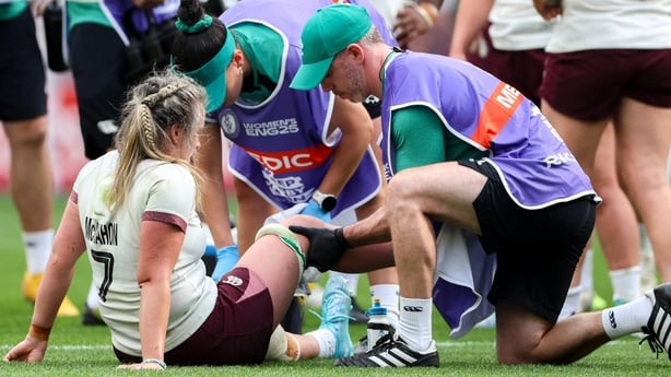 7 September 2025; Edel McMahon of Ireland receives medical attention during the Women's Rugby World Cup 2025 Pool C match between New Zealand and Ireland at Brighton and Hove Community Stadium in Falmer, England. Photo by Harry Murphy/Sportsfile