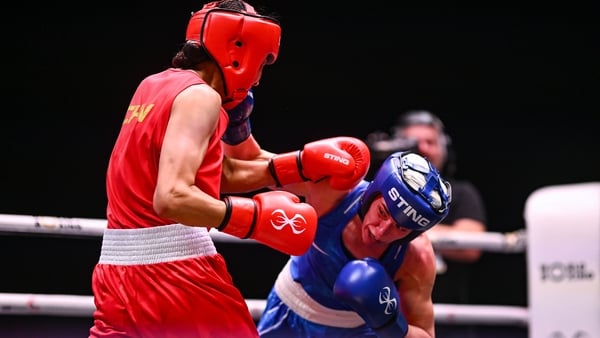 Liu Yang of China, left, in action against Grainne Walsh of Ireland during their Women's 65kg quarterfinal bout during the World Boxing Championships 2025 at M&S Bank Arena in Liverpool, England. Photo by Ben McShane/Sportsfile