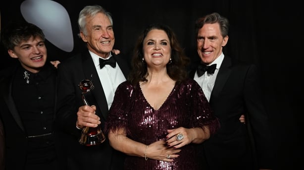 LONDON, ENGLAND - SEPTEMBER 10: (EXCLUSIVE COVERAGE) Oscar Hartland, Larry Lamb, Ruth Jones and Rob Brydon backstage during the NTA's 2025 at The O2 Arena on September 10, 2025 in London, England. (Photo by Kate Green/Getty Images for the NTA's)