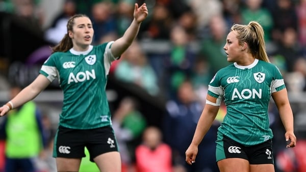 22 March 2025; Aoife Dalton, right, and Eve Higgins of Ireland during the Women's Six Nations Rugby Championship match between Ireland and France at Kingspan Stadium in Belfast. Photo by Ramsey Cardy/Sportsfile